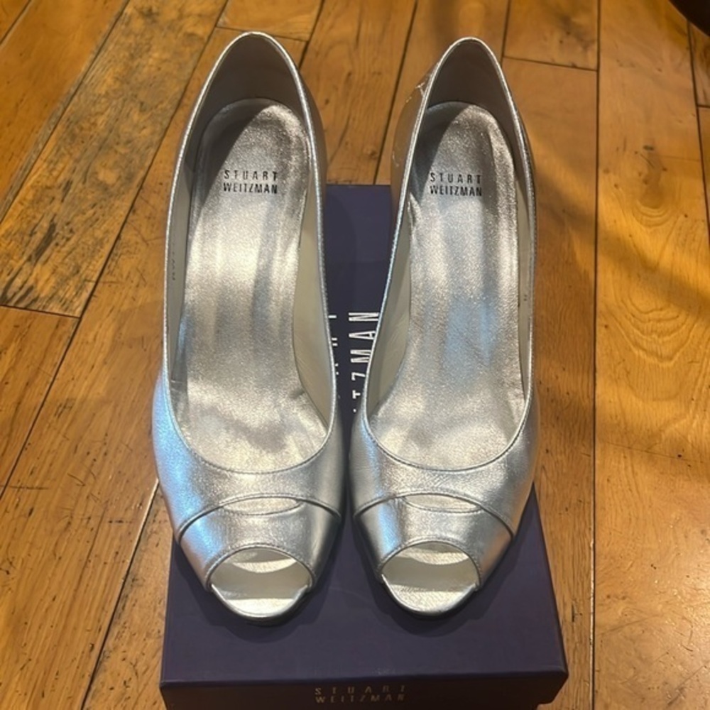 Silver Stuart Weitzman Peep Toe Pumps